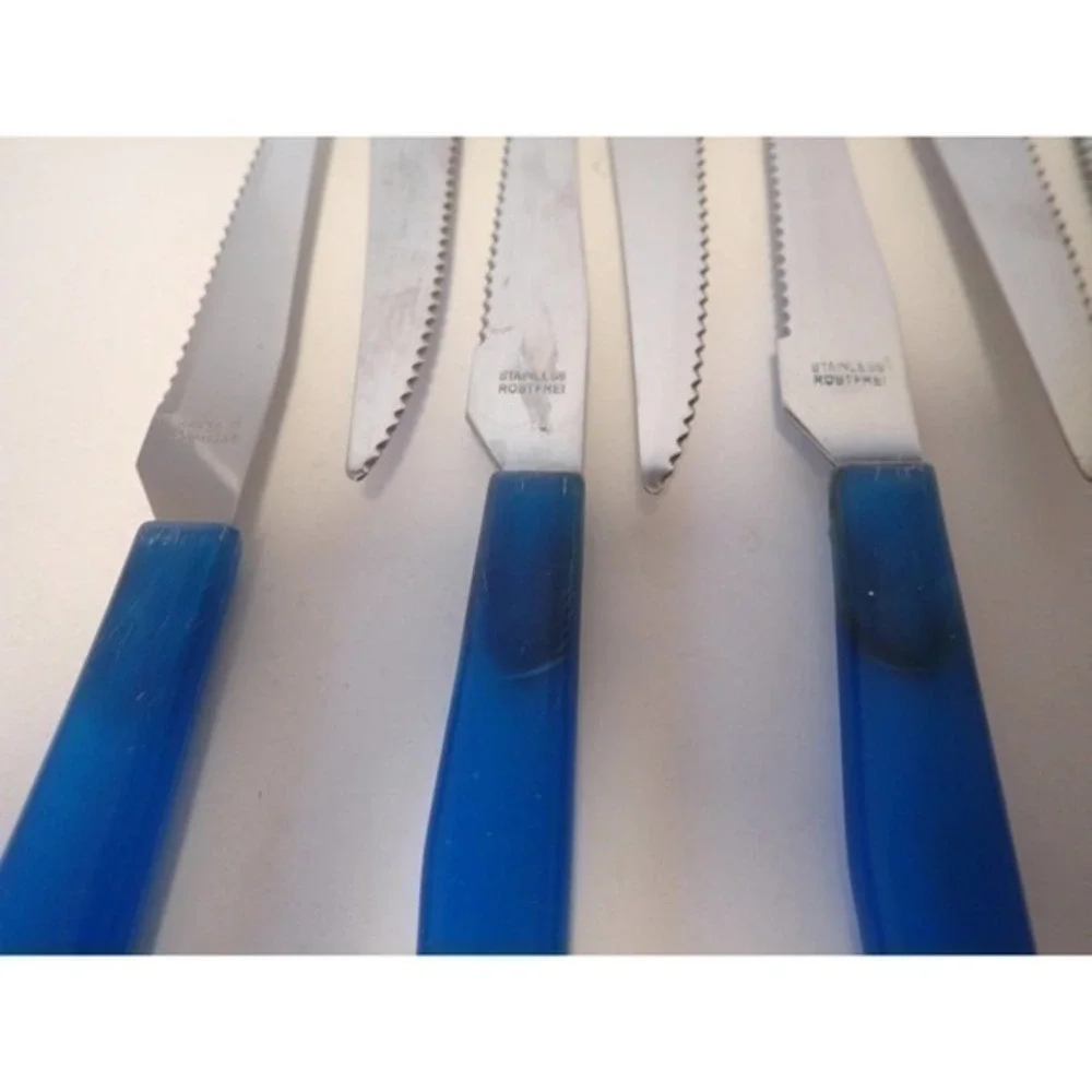 Vintage‎ Rostfrei Blue plastic Lucite maybe Handle 9 Steak Knives